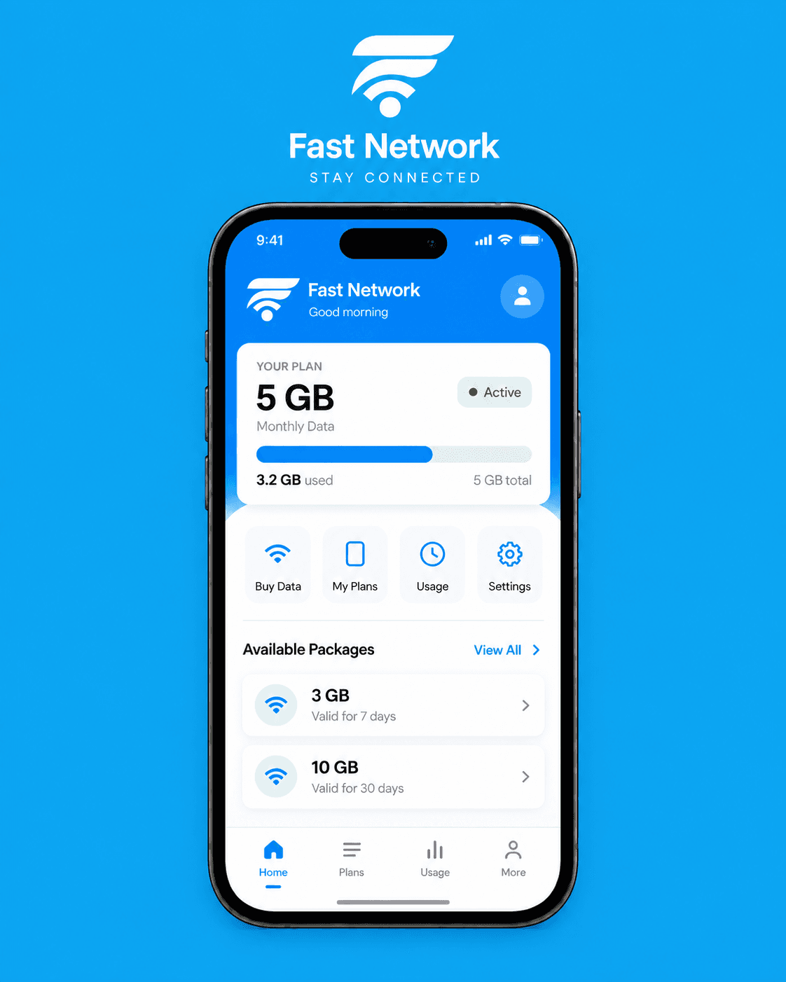 Fast Network mobile app showing an active 5GB data plan